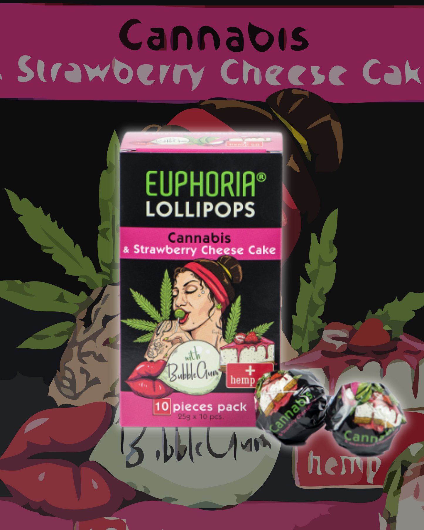 Cannabis Bubble Gum Lollipop - EUPHORIA Strawberry Cheesecake